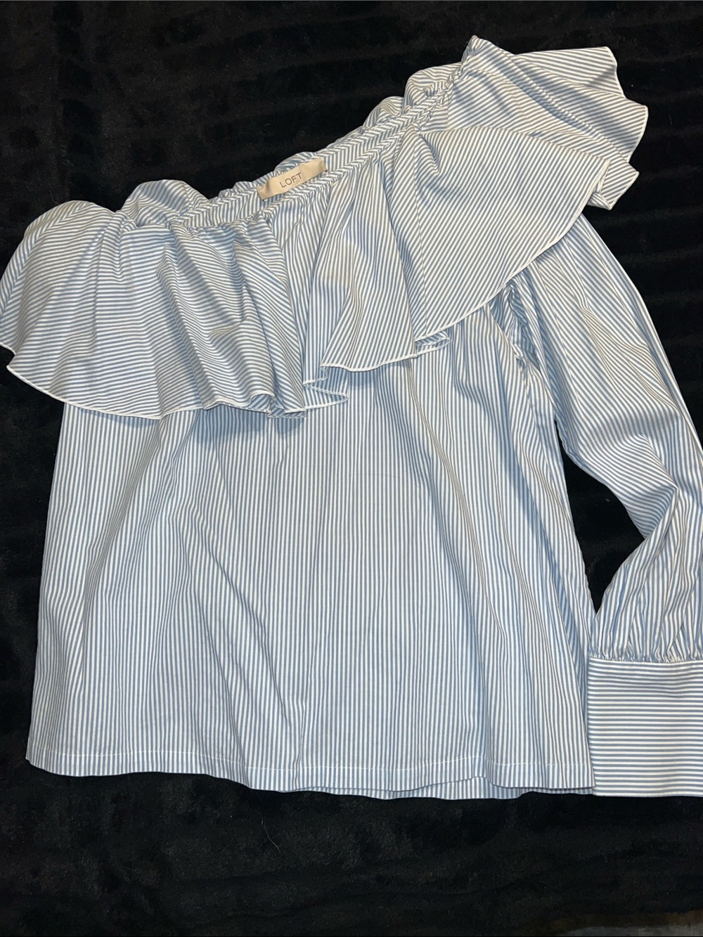 LOFT Light Blue and White Striped Off-Shoulder Ruffle Top